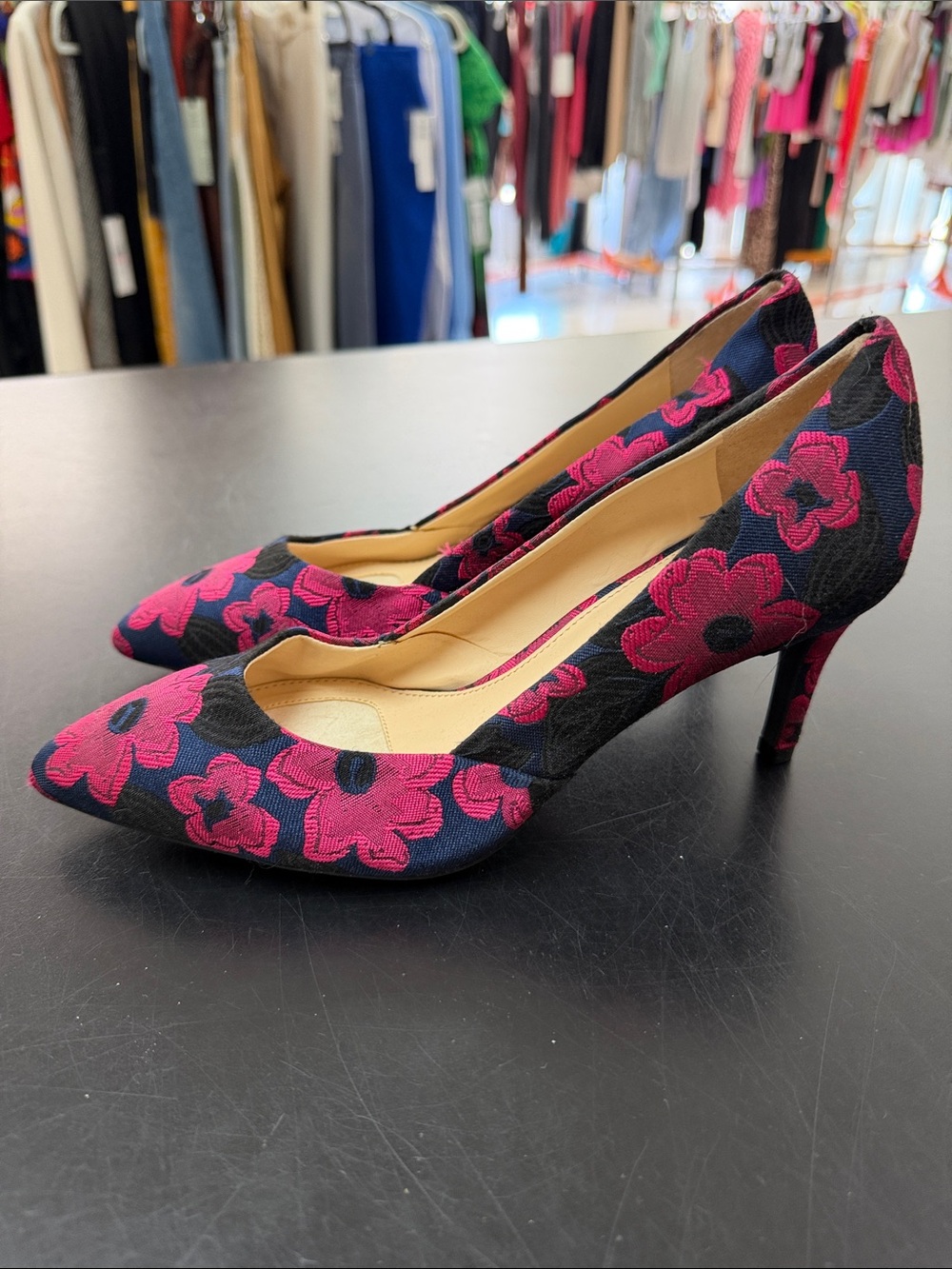 Alex Marie Black Pumps with Fuchsia Floral Embroidery